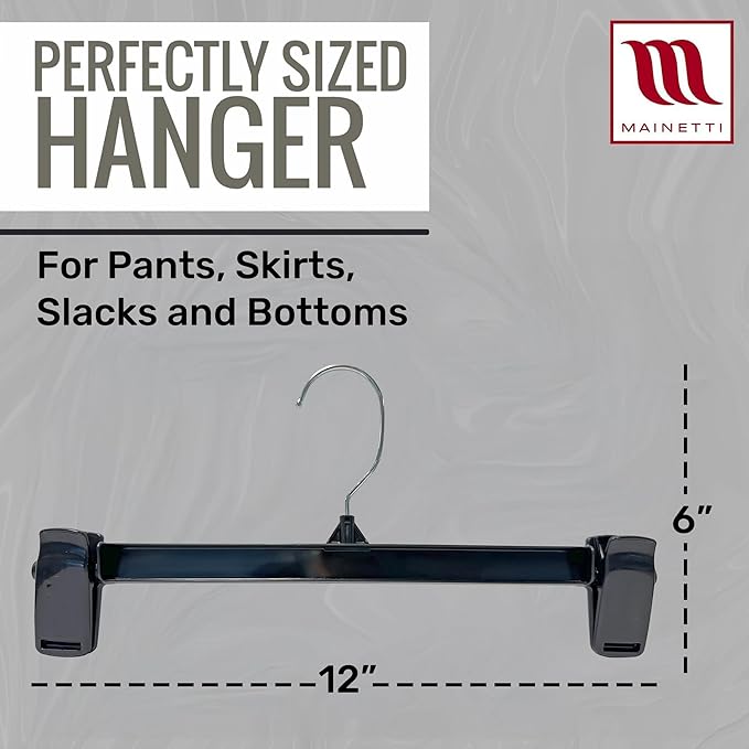 Mainetti 6012 Recycled Black Plastic Hangers - 50 Pack with Rotating Metal Hook and Sturdy Plastic, Great for Pants/Skirts/Slacks/Bottoms, 12-Inch