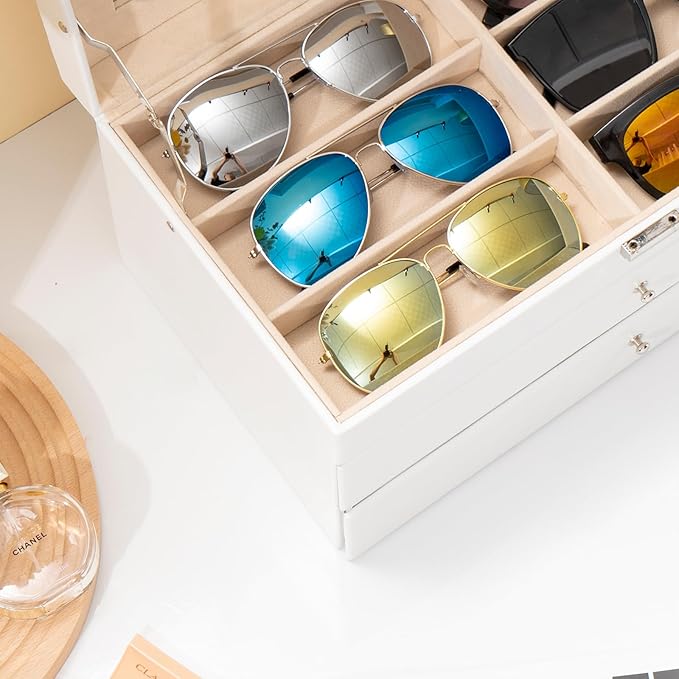 ProCase 3-layer Sunglasses Storage Organizer, 18 Slots Leather Sunglass Box Multiple Pairs Eyeglass Cases Eye Glass Eyewear Display Holder for Men Women, Father's Day Gift -White