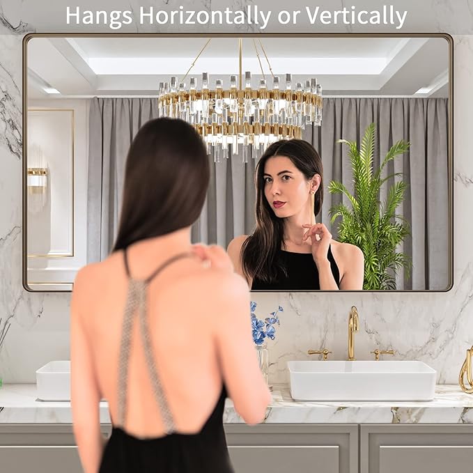 LOAAO 60”X36” Bronze Bathroom Mirrors for Vanity, Rounded Rectangle Brushed Bronze Metal Frame Mirror, Anti-Rust, Tempered Glass, Hangs Horizontally or Vertically
