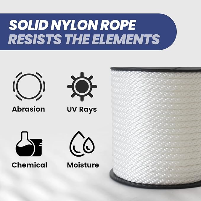 MERIANE Nylon Rope 100 Ft 1/4 Inch – Multipurpose Solid Braided Rope – Abrasion & UV Resistant – Ideal for Camping, Clothesline, Marine, Flag Line - Shock Absorption for Indoor Outdoor