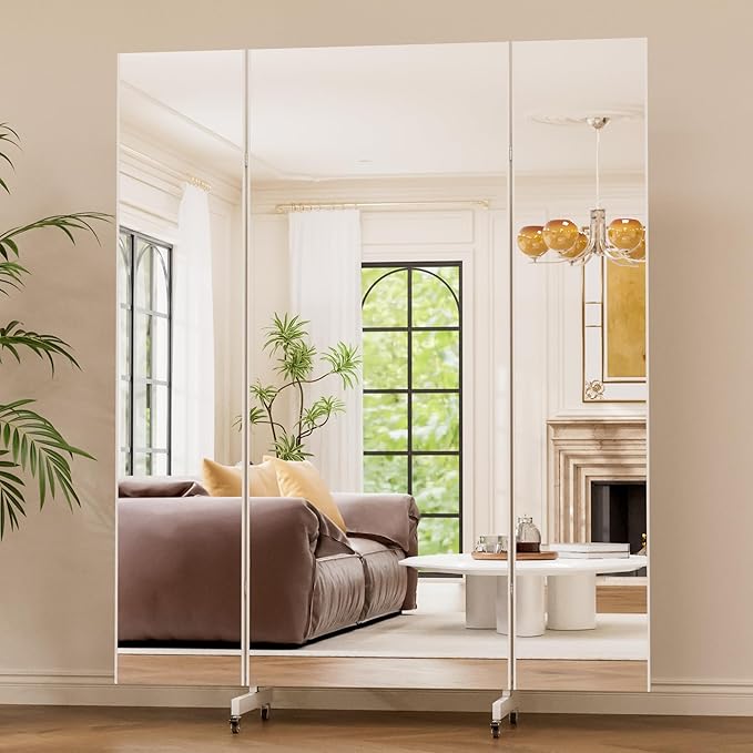 brisafe 67"x55" Folding Mirror with Wheels, 3-Panel Full Length Wall Mirror, Space-Saving Design, Shatterproof Nano Material, Portable Floor Mirror for Gym, Dance Studio, Home, Commercial Use, White