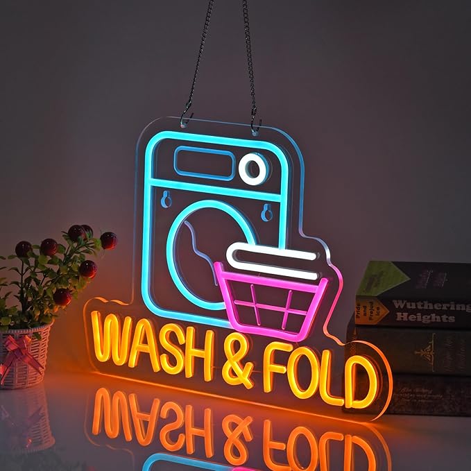 Wash & Fold Neon Sign for Laundry Room Wall Decor LED Light up Sign Business Signage for Home Laundromat Wash Room Decor Gift 16.1" x 11.8" Led Art Wall Hanging Decorative Lights