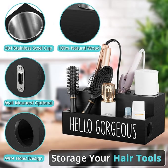 Bivvclaz Hair Tool Organizer, Wooden Hair Dryer Holder Countertop, Wall Mount Hot Tools Organizer for Hair Styling Accessories, Bathroom Supplies Vanity Caddy for Curling Wand, Blow Dryer, Black