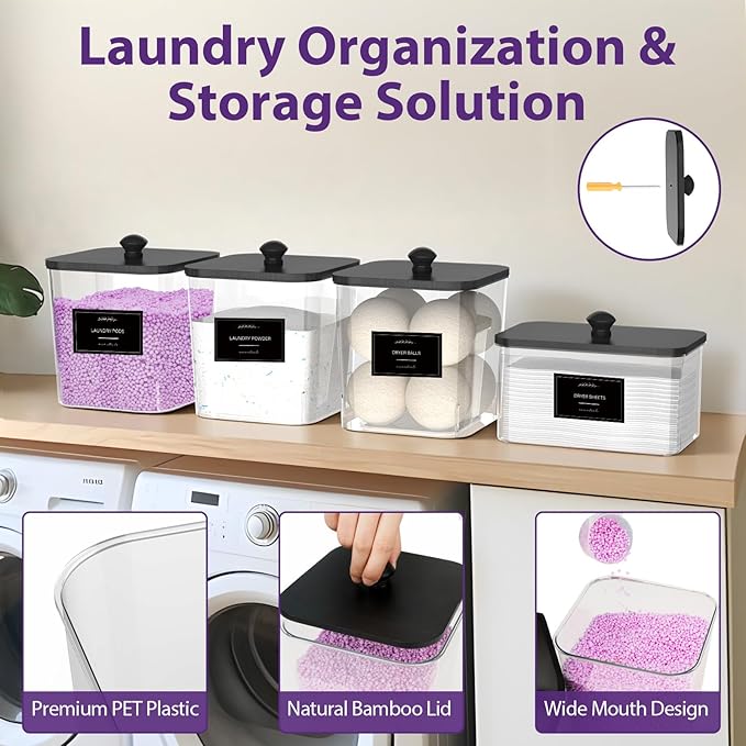 3+1 Pack Clear Laundry Pods Container & Dryer Sheet Holder, Plastic Square Laundry Room Organization and Storage Jars with Black Lids, Scoops & Labels for Detergent, Powder, Dryer Balls