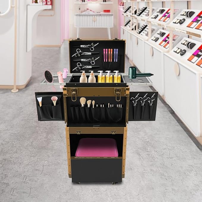 Rolling Makeup Case Large Storage Cosmetic Trolley, Rolling Lockable Makeup Train Case, Stylist Beauty Salon Cosmetic Luggage Travel Organizer Tool Box with Hair Dryer Holder (Gold)
