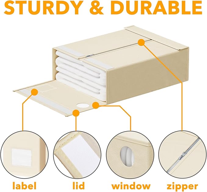 SpaceAid 6 Pack Bed Sheet Organizers and Storage, Foldable Sheet Organizer for Linen Closet, Sheets Set Folder Keeper with Window XL (Queen & King Size) Bedding Container (Beige, 6 Pack)