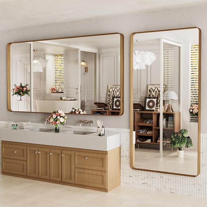 LOAAO 72X32 Inch Bathroom Mirror with Wood Grain Colored Metal Frame, Rounded Rectangle Metal Framed Bathroom Mirror, Anti-Rust, Hangs Horizontally or Vertically, Tempered Glass