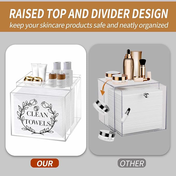 Disposable Face Towel Holder, Acrylic Storage Box for Clean Skin Club Face Towels, Laundry Sheet Holder, Dryer Sheet Holder, with Movable Dividers and Small Diamond Handles Acrylic Towel Container Box