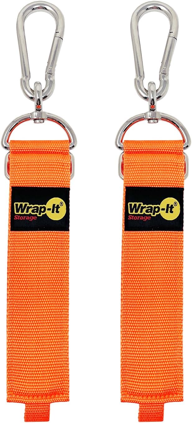 Hook 'n Hang Wrap-It Storage Straps - 24" Blaze Orange - Carabiner Straps for Cord or Garden Hose Storage (2-Pack)