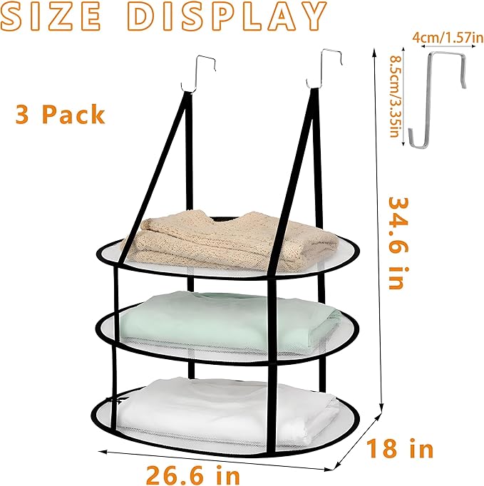 SAMJANE Sweater Drying Rack Hanging – Lay-Flat Warp-Knit Airflow Mesh for Delicates, 3-Tier Foldable Space-Saving Door-Hanging Design for Fast Drying & No Deformation in Small Spaces (Black - 3 Pack)