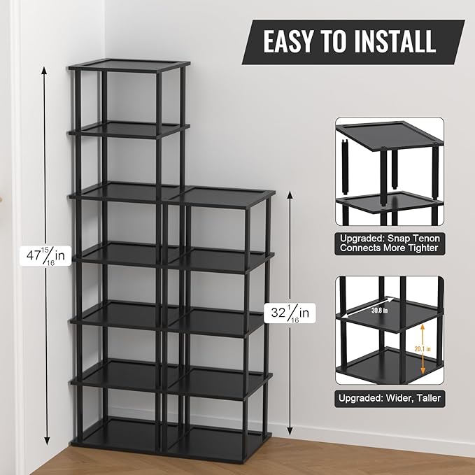 Bamboo Free Standing Shoe Rack Shelf Multi Tier Tall Wooden Stackable Shoes Rack Organizer for Closet Front Door Entrance Narrow Vertical Shoe Storage (Black, 12 Tiers)