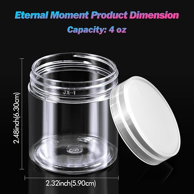 Eternal Moment 36 Pack 4 OZ Plastic Jars Round Clear Cosmetic Container Jars with Clear Lids, Perfect for Lotion, Slime，Cream, Ointments, Makeup, Eye Shadow, Samples, Pot, Travel Storage
