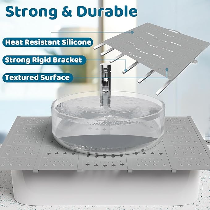 Bathroom Sink Cover for Counter Space, Foldable Silicone Sink Mat Makeup Organizer Mat Space Saver, Women’s Gifts for Valentines RV Camper Travel Must Haves Accessories, Grey