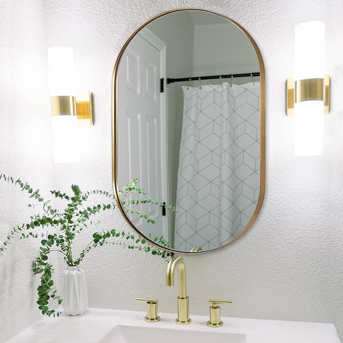 ANDY STAR Gold Oval Mirror, 24’’x36’’ Brass Mirror for Wall, Oval Mirrors for Bathroom in Stainless Steel Metal 1’’ Thin Frame Pill Shaped Hangs Vertical or Horizontal Ideal for Limited Space