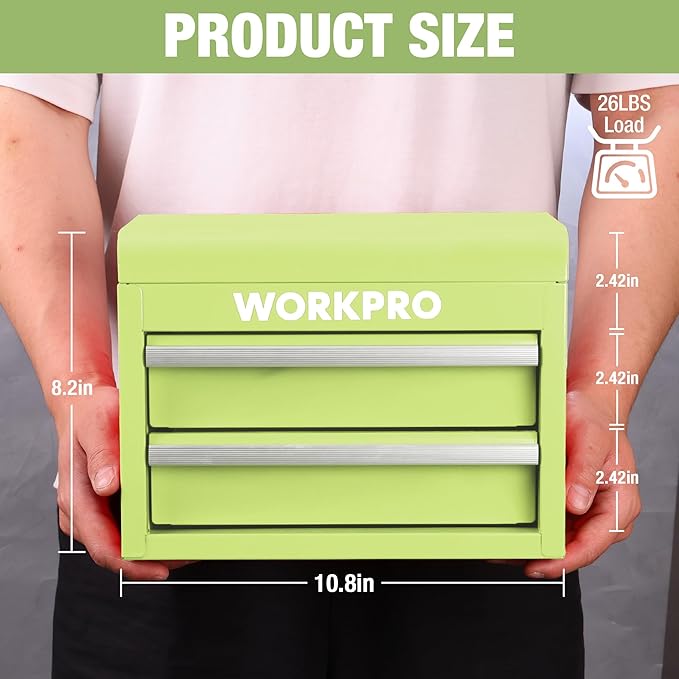 WORKPRO Metal Mini Tool Box, Top Tool Chest containing Two Drawers with Ball Bearing Slides, PVC Drawer Liners and PP Feet Pads, Durable Cold Rolled Steel Small Toolbox for Multi-Purpose Storage