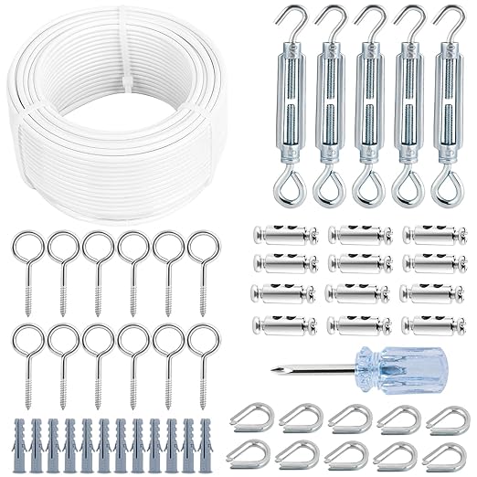 Turnbuckles for Cables Wires, 100Ft White PVC Coated Cable Kit, 7 × 7 Strands Core Wire Rope for Clothesline Wire for T Post/Grape Vine/String Light Hanging Kit