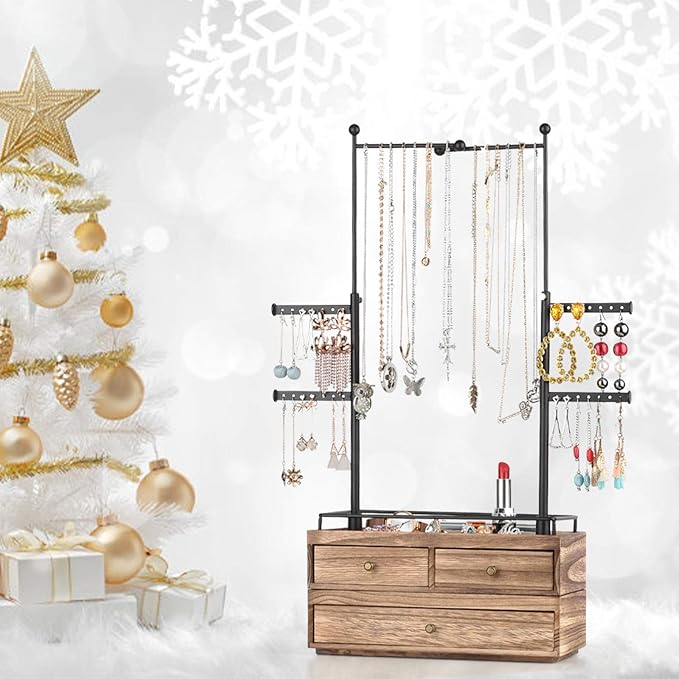 Olakee Jewelry Organizer - 2 Layer Wooden Jewelry Drawer Storage Box with 6 Tier Jewelry Tree Stand, Jewelry Display for Necklaces Bracelet Earring Ring (Carbonized Black)
