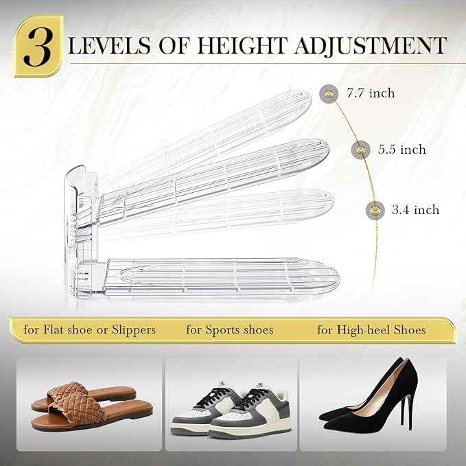 Shoe Slots Organizer 15 Pack - Shoe Stackers,3 Levels Adjustable,Space Savers 50%,Double Layer Holders for Closet (Transparent),Organizador de Zapatos