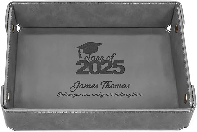 Engraved PU Leather Valet Tray – Personalized Catchall with Custom Name for Desk, Dresser, or Nightstand – Compact Organizer for Keys, Wallet, Jewelry – Graduation Gift for Him or Her – Grey