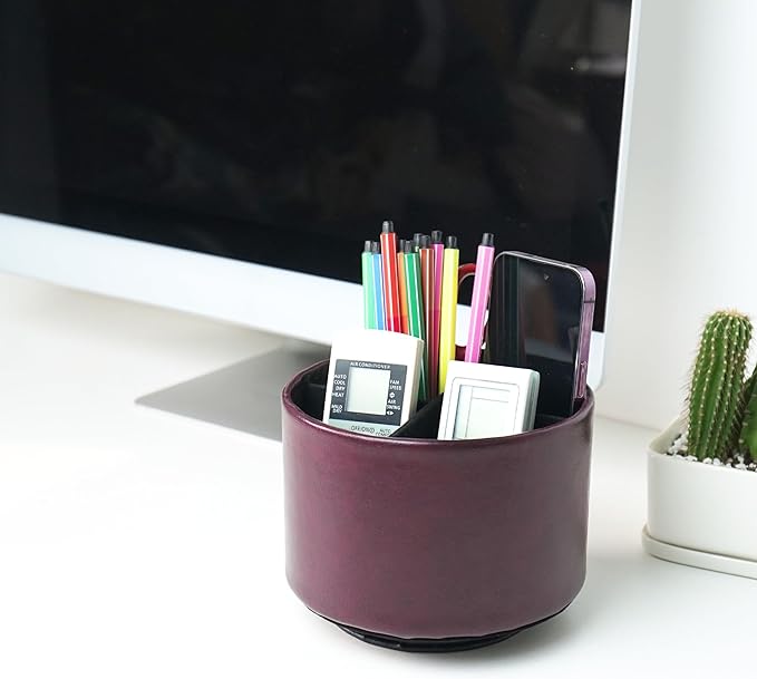 Hennaja Round Leather Art Supply Organizer,Remote Control Holder,360 Degree Spinning,Multi-Functional Pencil Holder,4 Compartments Desktop Stationary Organizer(1-Oil Brown)