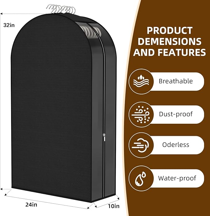 Black Garment Bags for Hanging Clothes 4 Packs, 10“ Gusseted and 32" Clothes Protectors for Hanging Clothes for Closet, Shirts, Coats, Dresses