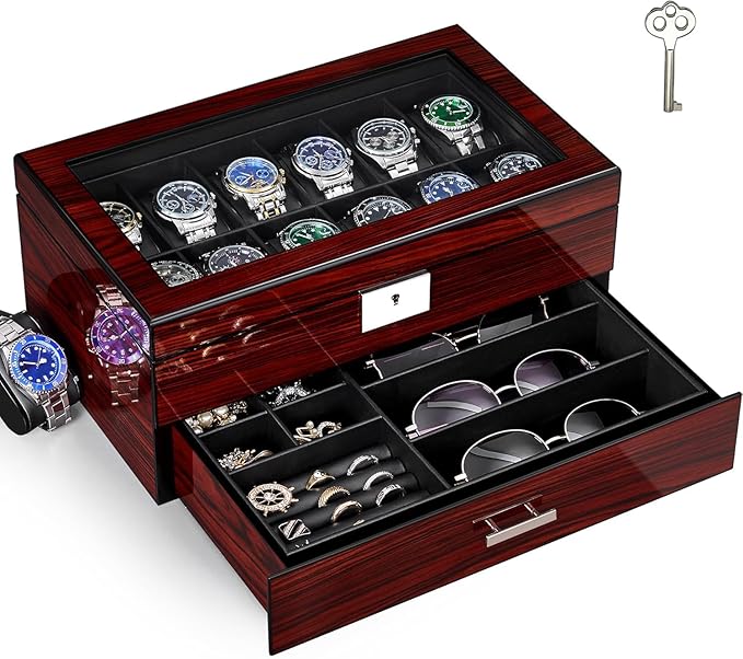 ANWBROAD Watch Box for Men, 12 slot Watch Cases with Glass Lid, 2-Layer Wooden Watch Display Case for Jewelry and Watch Organizer for Men Women, Ideal for Gifting with a Present Box, Lockable UJWB003Y