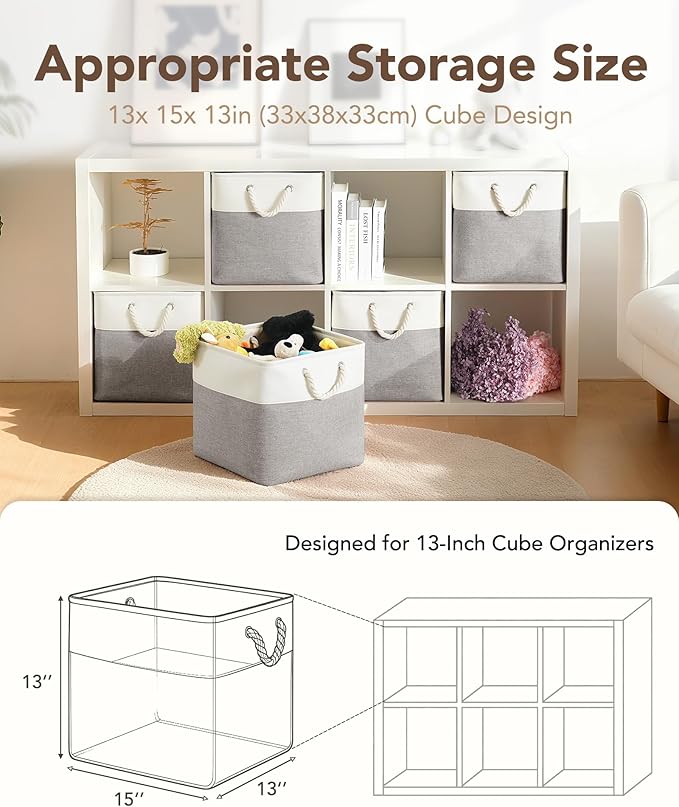13x15x13 Storage Cube Bins, Heavy Duty Foldable Fabric Storage Bins with Handles and Metal Frame, 6 Pack Large Closet Organizer Bins for Clothes, Socks, Towels, White Grey