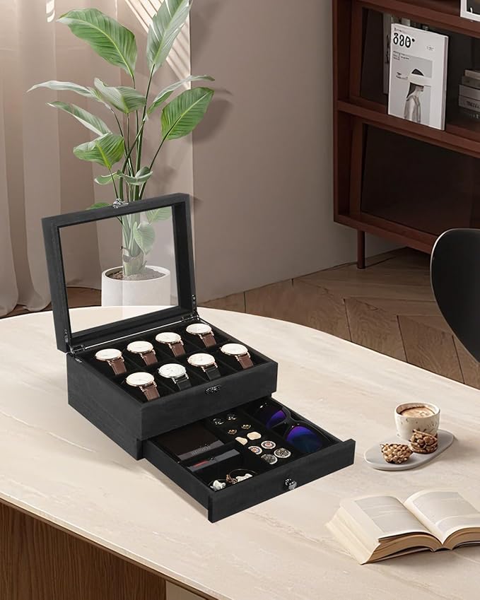 Uten 8-Slot Watch Box, 2-Layers Solid Wood Watch Display Case with Glass Lid, Watch Holder Organizer with Soft Pillow and Velvet Lining, Watch and Jewelry Storage Box, Black