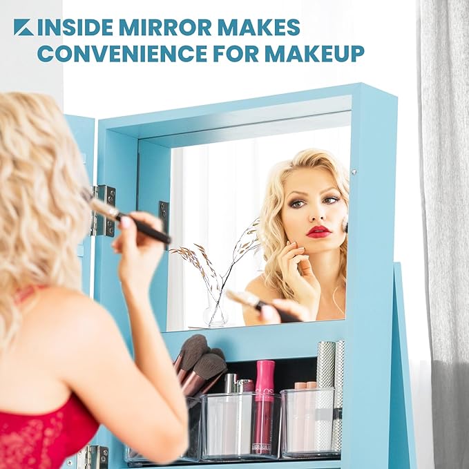 360° Swivel LED Mirror Jewelry Cabinet with Full Length Mirror, Lockable Floor Standing Mirrored Jewelry Armoire Organizer w/Inside Makeup Mirror & Back Storage Shelves, Space-Saving (Sky Blue)