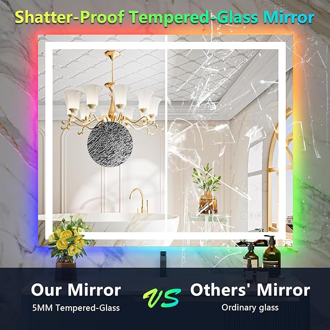 44x36 Inch RGB LED Bathroom Mirror Front Lit and RGB Backlit Lighted Vanity Mirror for Bathroom Wall Dimmable Anti Fog Memory Shatter-Proof IP54 Waterproof Horizontal/Vertical