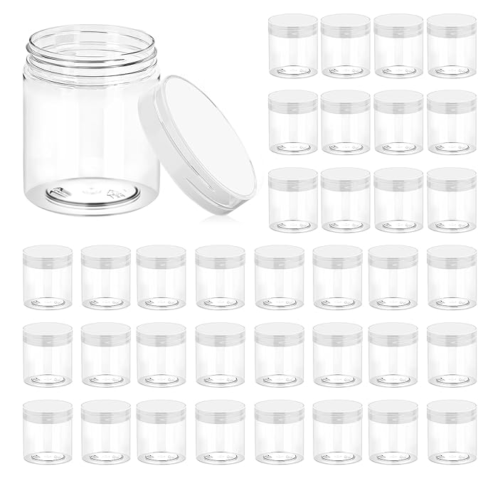 Eternal Moment 36 Pack 8 OZ Plastic Jars Round Clear Cosmetic Container Jars with Clear Lids, Perfect for Lotion, Slime，Cream, Ointments, Makeup, Eye Shadow, Samples, Pot, Travel Storage