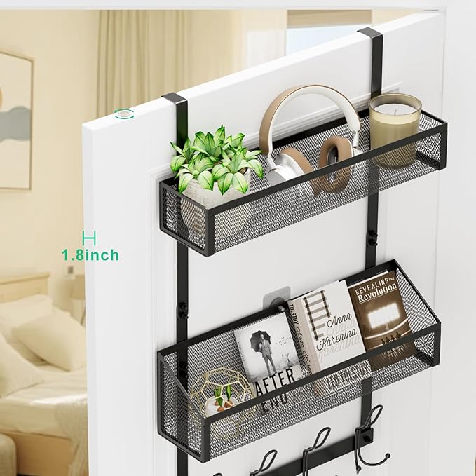 Over The Door Hooks Organizer, Over The Door Shower Caddy, Over The Door Towel Rack Back of Storage with 12 Hooks & 2 Mesh Baskets Door Hanger Organizer for Bathroom,Kitchen,Bedroom(Black)