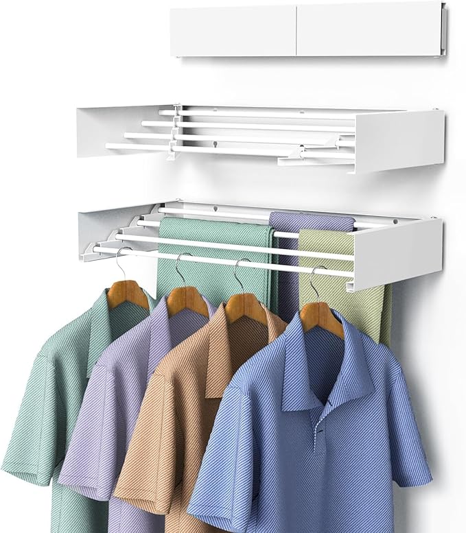 Laundry Drying Rack, Collapsible Wall Mounted Clothes Drying Rack - Drying Rack Clothing Foldable,Space Saving, 31.6" Wide, 13.2 Linear Ft, 5 Aluminum Rods, 60 lb Capacity (White, 31.6")