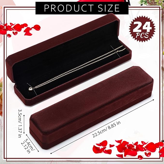 Batiyeer 24 Pcs Velvet Bracelet Box Bulk Jewelry Chain Necklace Box Bracelet Storage Case Long Jewelry Case for Valentine Wedding Pendant Display, 8.86 x 2.13 x 1.38 Inch(Coffee)