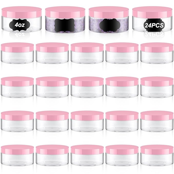 Dandat 24 Pcs 4 oz Plastic Jar Container with Lid and Label Refillable Empty Round Clear with Pink Pet Cosmetic Sample Slime Containers for Lotion, Cream, Ointments, Body Butter, Makeup Travel Storage