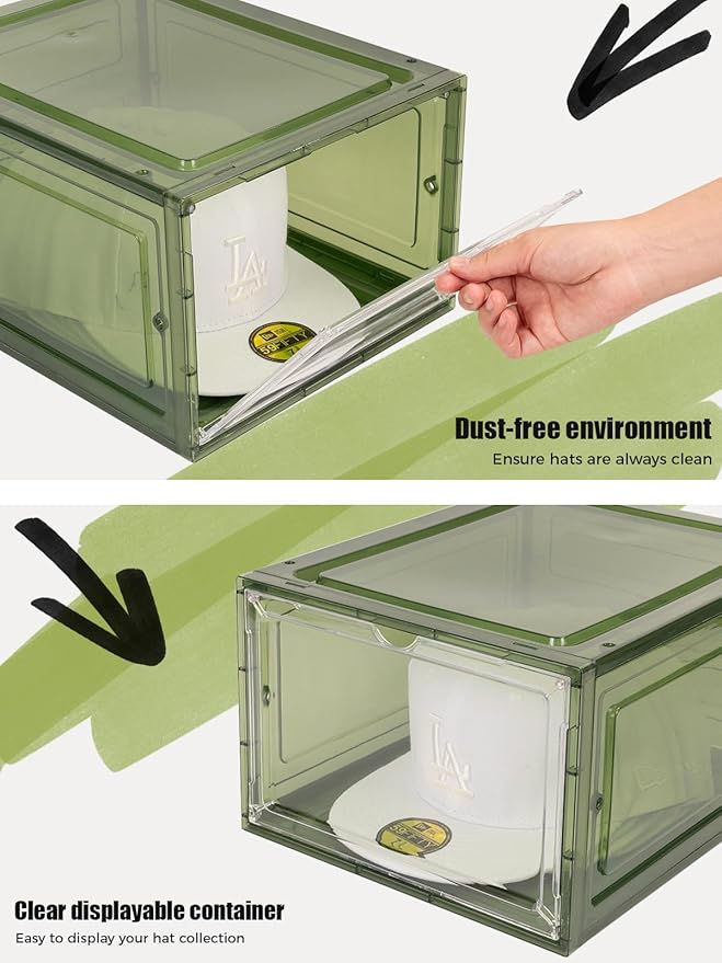 6 Pack Hat Organizer Box, Stackable Clear Baseball Caps Holder Box Containers with Magnetic Door for Hats Snapback Cap Storag, Hat Rack Display Case, Holds 8 Hats Each (Green)