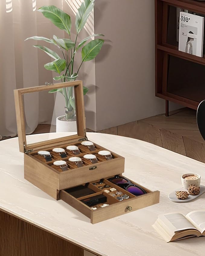 Uten 8-Slot Watch Box, 2-Layers Solid Wood Watch Display Case with Glass Lid, Watch Holder Organizer with Soft Pillow and Velvet Lining, Watch and Jewelry Storage Box, Browm