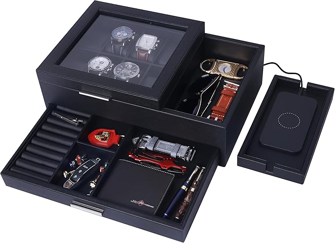 Mens Jewelry Box Valet Tray with Drawer and Charging Station Organizer,Nightstand Organizer for Men Jewelry Tray,Catchall Tray for Men Accessories