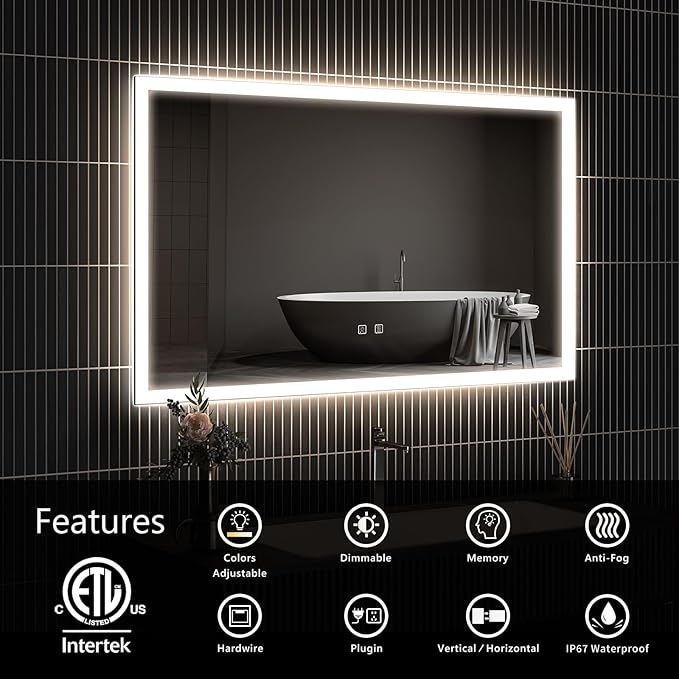 APRILSOUL 36x30 Inch LED Mirror for Bathroom, Led Vanity Mirror with Front and Backlit, 3 Color Lights, Memory Function, Anti-Fog and Dimmable Light (Horizontal/Vertical)