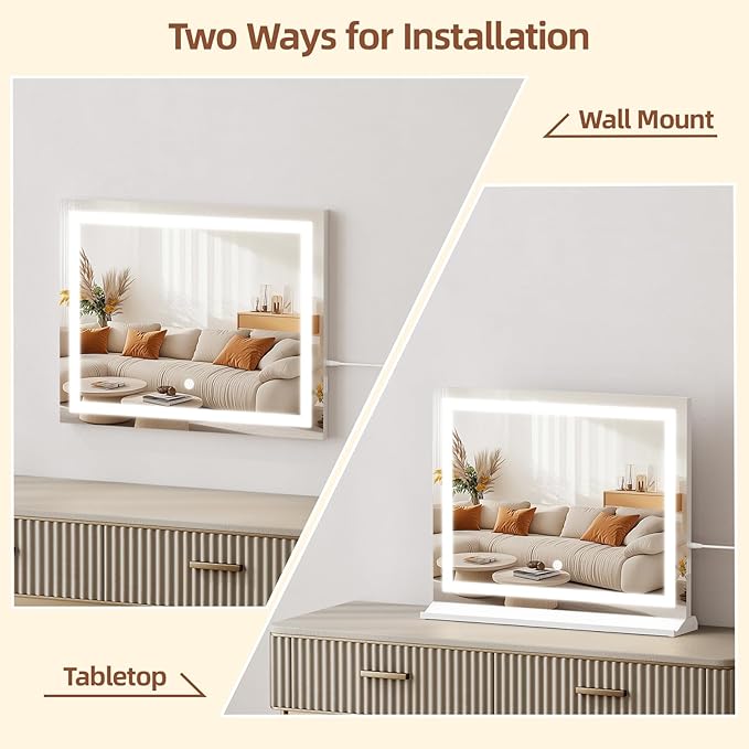 Vanity Mirror with Lights, 23"x 18" Makeup Mirror with 3 Color Modes 5X Magnification & USB/Type-C Charging Port, Large LED Mirror for Bedroom Tabletop & Wall Mounted