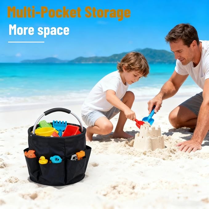 17L Foldable Storage Basket with 6 Side Pockets Cleaning Caddy with Handle Folding Storage Bin for Home Bathroom Camping Gardening (Black)