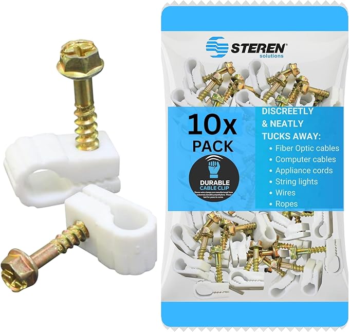 STEREN Coaxial Cable Clips - Cable Holder - Wire Clips - Siding Clips for Hanging - Cord Holder for Desk - Cable Clamps - Cord Clip - Wire Organizer Clips - Tv Mount Screws - White - 10 Pack