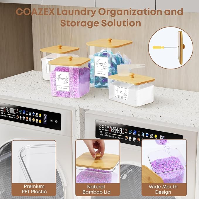 4 Pack Clear Laundry Pods Container & Dryer Sheet Holder, Plastic Square Laundry Room Organization and Storage Jars with Lids, Scoops & Labels for Detergent, Powder, Dryer Balls, Beads