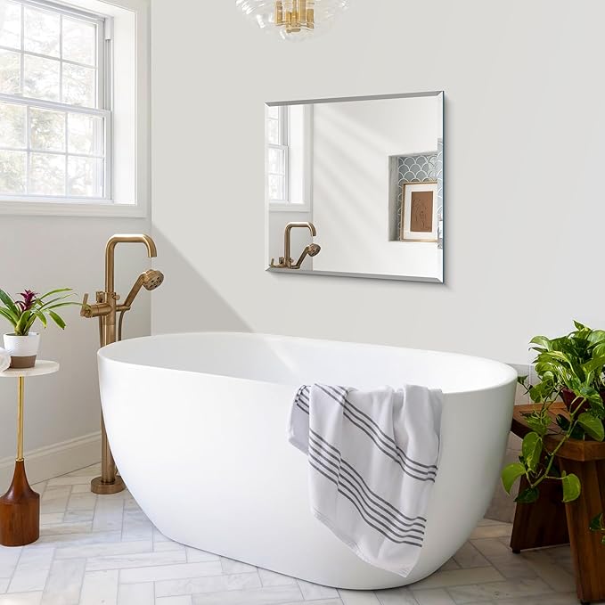 CILIBER Beveled Mirror, 24x24 inch Square Bathroom Mirrors for Wall, Upgraded Shatterproof Frameless Vanity Mirror Over Sink with Beveled Edge for Bathroom,Bedroom,Living Room and Entryway