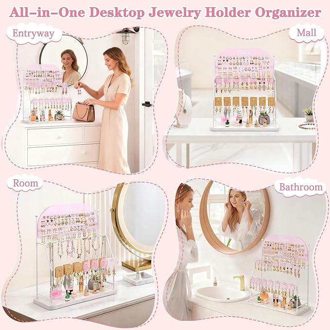 Keebofly Acrylic Earring Organizer Stand for Girls & Teens, Large 300 Holes & 14 Hooks Jewelry Display Holder for Studs, Hoops, Dangles, Necklaces & Bracelets, Vanity Desk Storage Decor, Pink