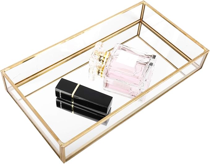 HighFree Rectangle Gold Mirror Tray, Decorative Glass Mirrored Vanity Tray for Perfume, Cosmetics, Makeup, Trinket, Jewelry (10.2X 5.5x1.6)