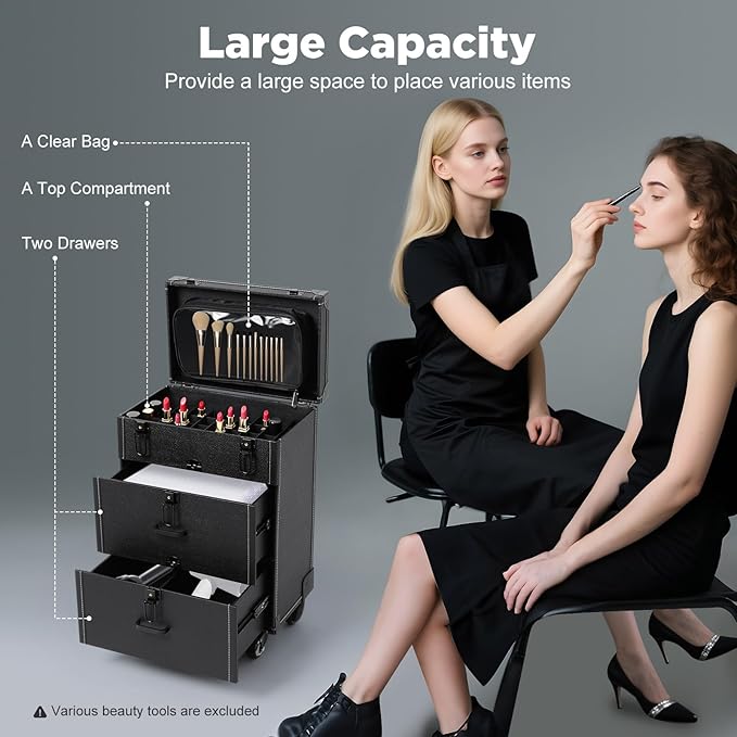 Rolling Makeup Case, Professional Cosmetic Train Case Trolley Roll Travel Box Large Capacity Salon Travel Case for Makeup Artist, Hairstylists, Nail Tech Makeup (Style 2)