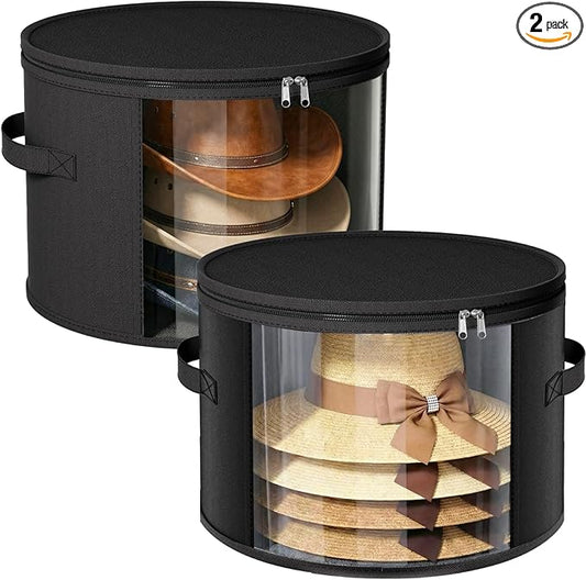Ofiray-home 2 Pack Large Clear Hat Storage Boxes, Hold up to 7-9 Hats, Hat Organizer for Closet, Sturdy & Foldable, Hat Box with Carrying Handles for Round Brim, Wide-Brim, Cowboy, Sun Hat (Black)