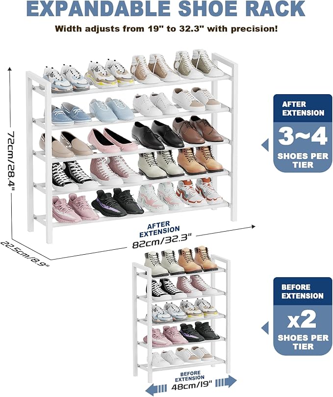 Mavivegue Expandable Shoe Rack, 5-Tier Shoe Organizer for Closet, Adjustable Shoe Rack for Front Door Entrance, Entryway