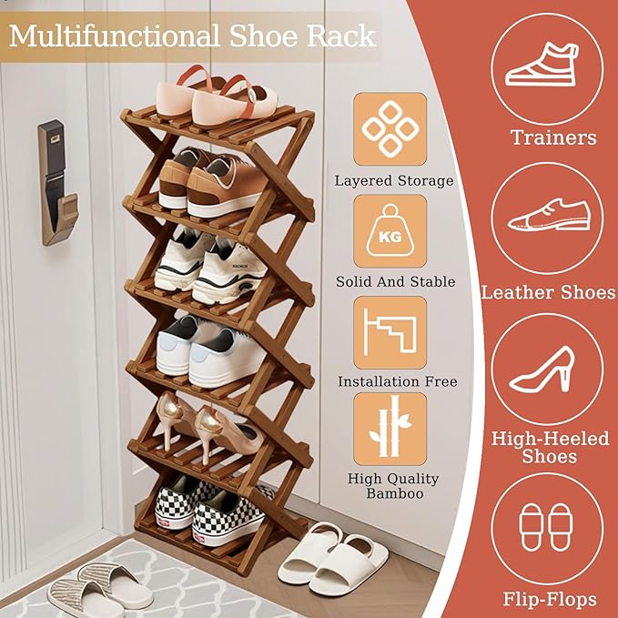 Comeon Bamboo Shoe Rack, Foldable Vertical Shoe Rack for Front Door Entrance Narrow Shoe Organizer Small Shoe Shelf for Entryway Shoe Storage Closet Multi-Tier (Brown Colors,5 Layers)